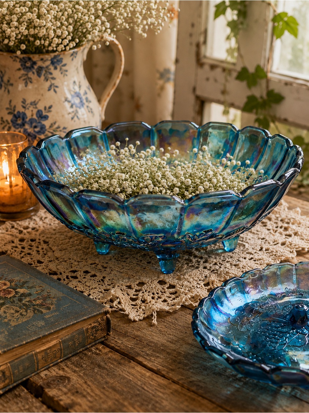 Indiana Harvest Grape Carnival Glass Blue Oval Footed Fruit Pattern Bowl 12"